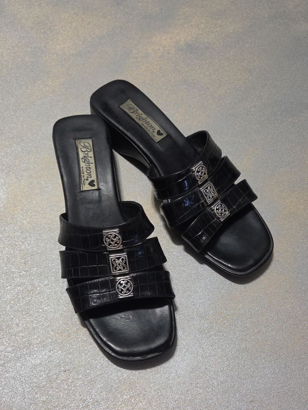 Brighton Black Crocodile-Embossed Triple-Strap Slide Sandals